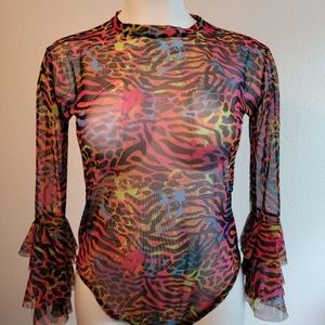 Plus size Love Nation bodysuit rainbow animal print ruffle sleeve